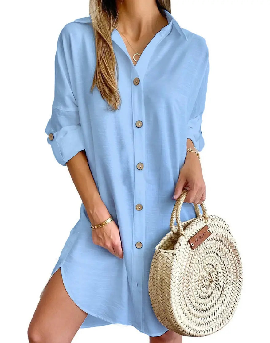 Autumn Leisure Long Sleeve Lapel Button Shirt Dress Womens Clothing SHANVY