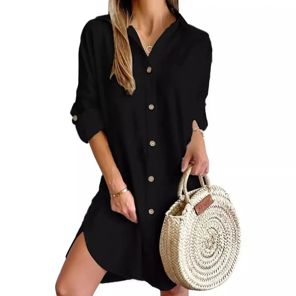 Autumn Leisure Long Sleeve Lapel Button Shirt Dress Womens Clothing SHANVY