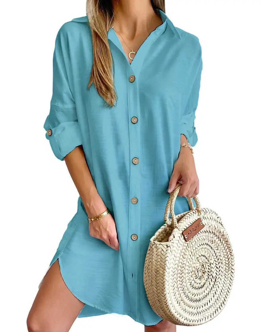 Autumn Leisure Long Sleeve Lapel Button Shirt Dress Womens Clothing SHANVY