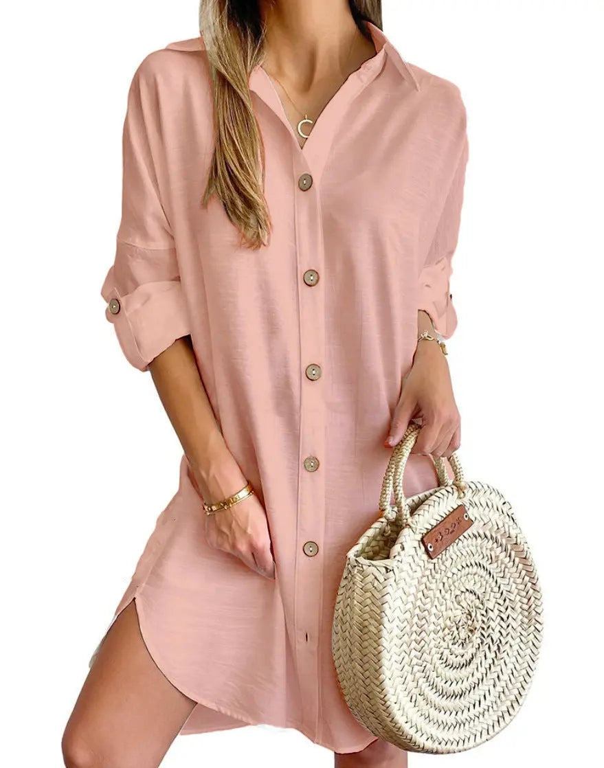 Autumn Leisure Long Sleeve Lapel Button Shirt Dress Womens Clothing SHANVY