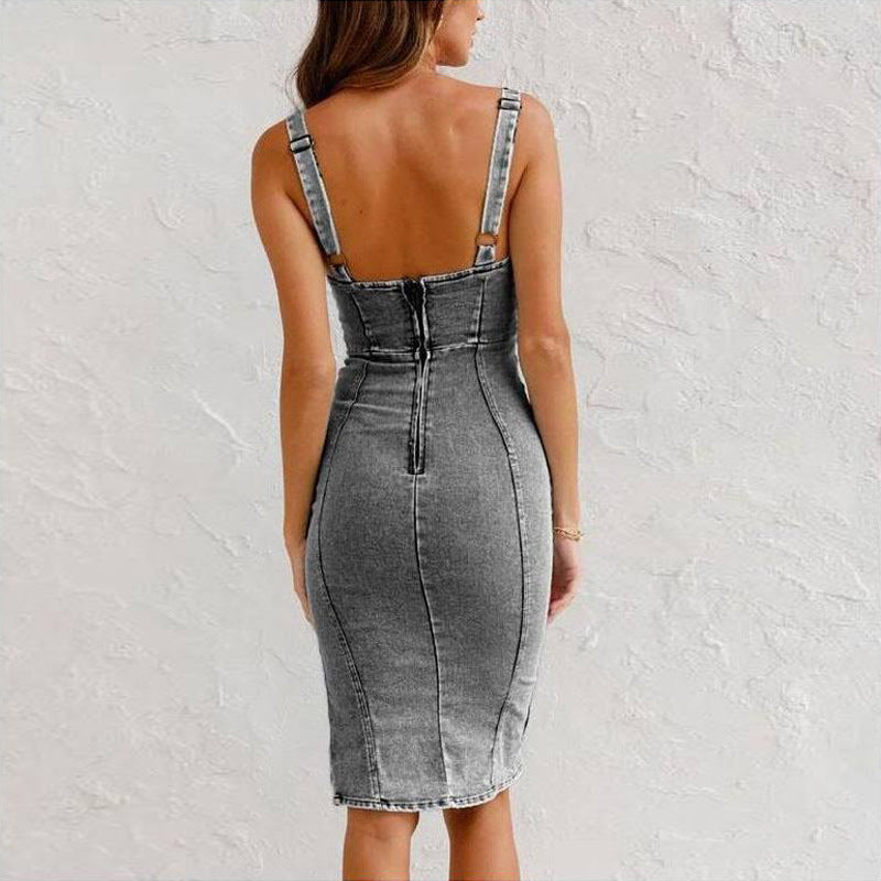New U-neck Suspender Denim Dress Summer Casual Tight Slim Fit Dresses With Slit Design Womens Clothing SHANVY