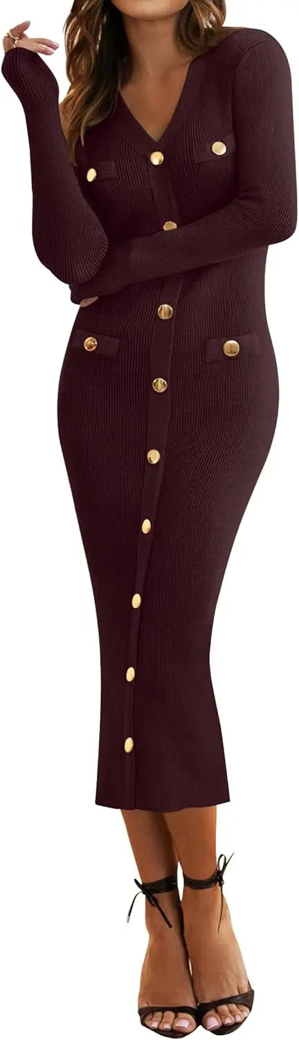 Women's V-Neck Bodycon Sweater Dress SHANVY