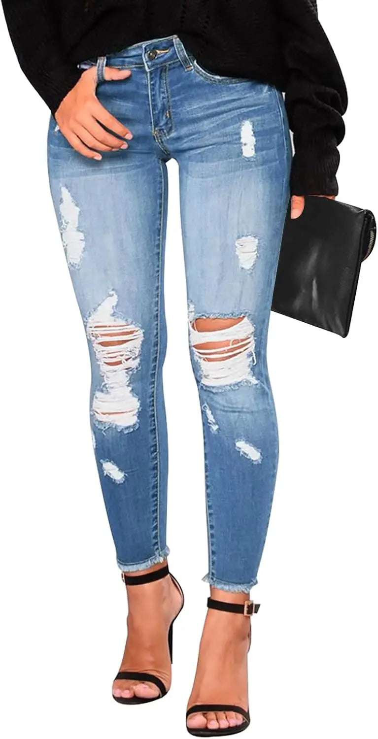 Women's Skinny Ripped Trendy Jeans Distressed Stretchy Denim Pants SHANVY