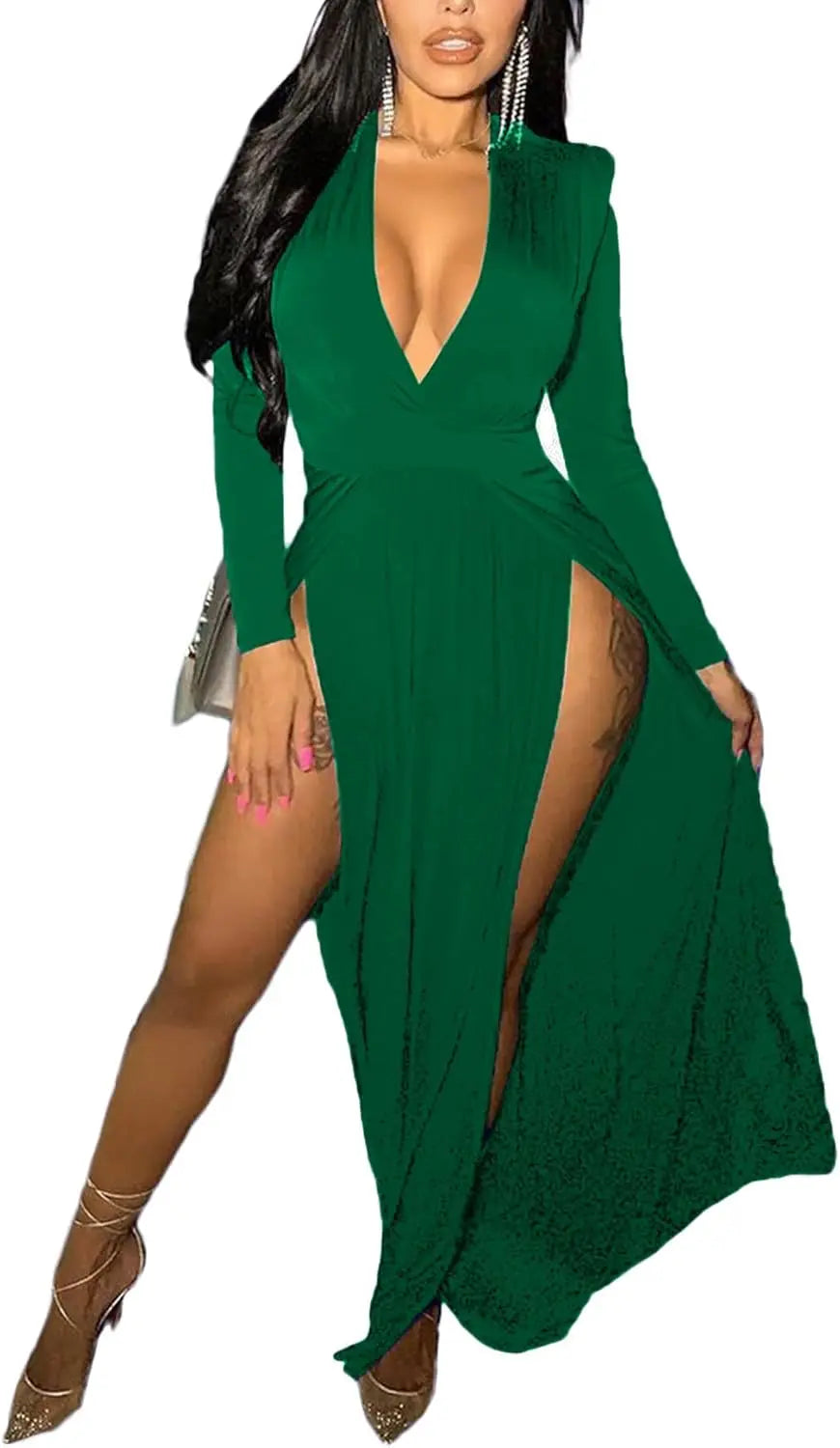 Women's Sexy Deep V Neck High Split Side Long Sleeve Long Cocktail Dress SHANVY