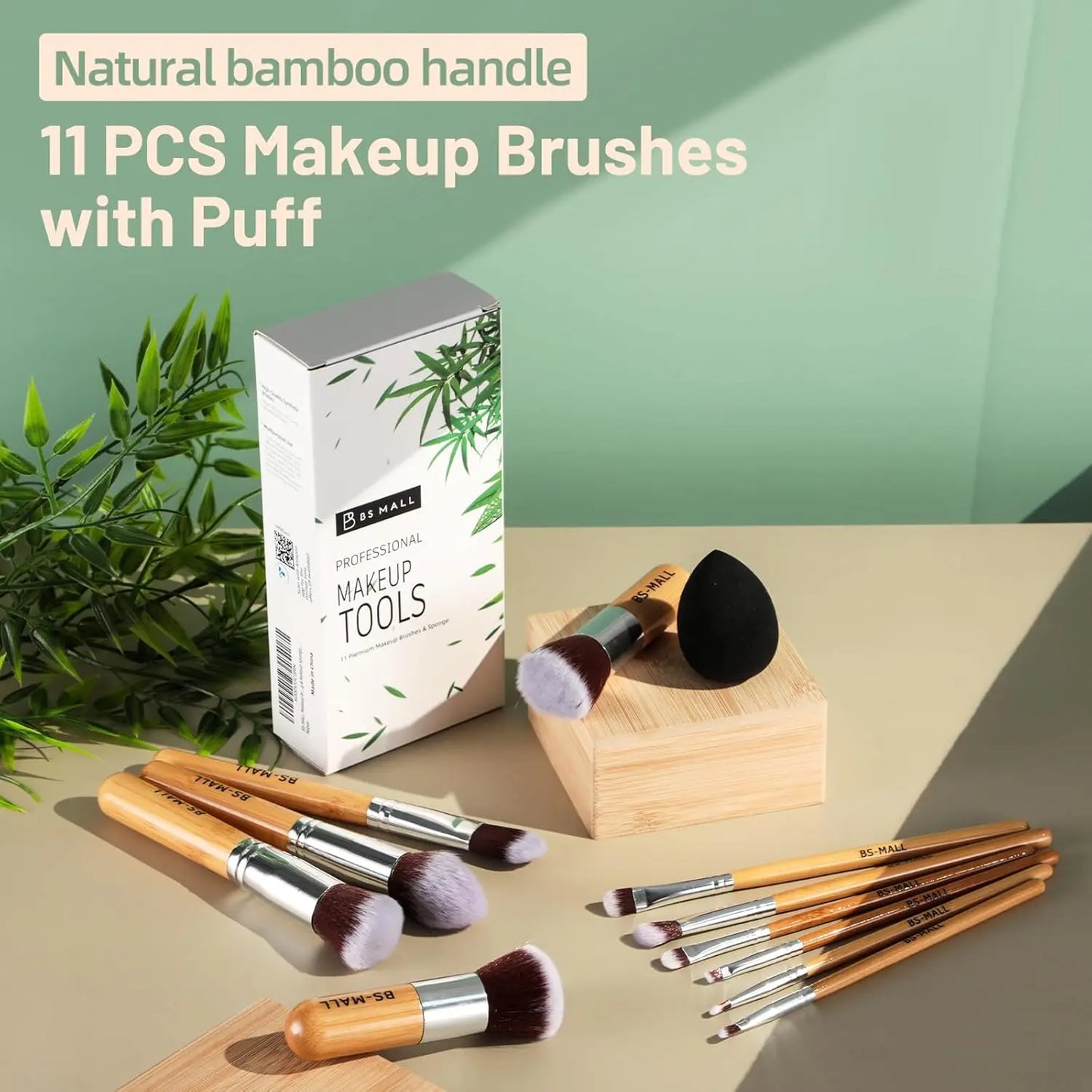 Makeup Brush Set 11Pcs Bamboo Synthetic Kabuki Brush Set Foundation Powder Blending Concealer Eye shadows Blush Cosmetics Brushes with Organizer Bag & Makeup Sponge SHANVY