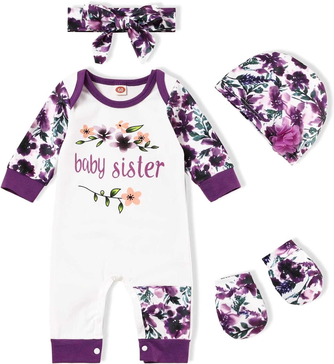 Baby Girl Clothes Patter&Letter Baby Girl Romper with Bow Hat&Headband and Gloves 4Pcs SHANVY