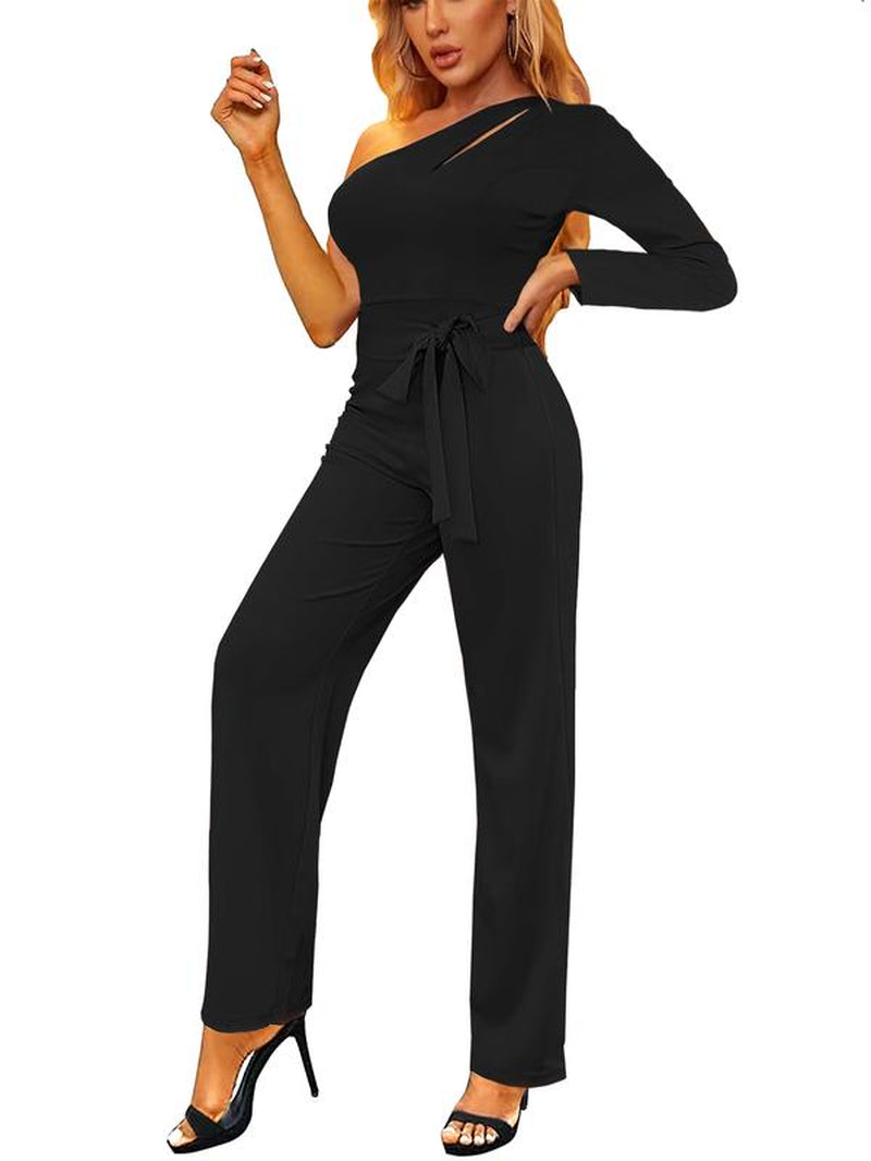 Womens Casual Elegant High Waist Belted Wide Leg Jumpsuits