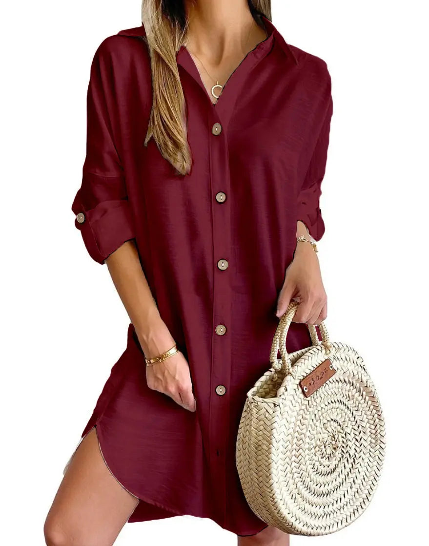 Autumn Leisure Long Sleeve Lapel Button Shirt Dress Womens Clothing SHANVY