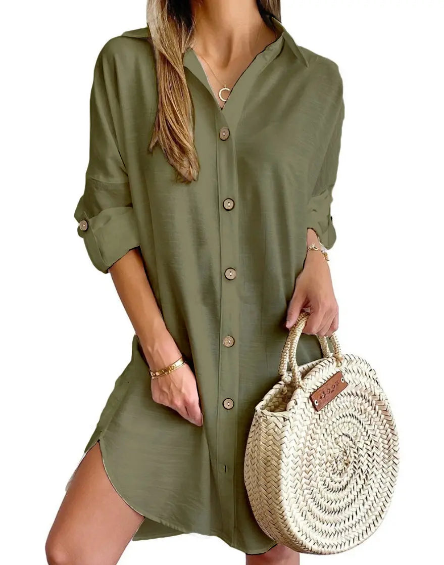 Autumn Leisure Long Sleeve Lapel Button Shirt Dress Womens Clothing SHANVY