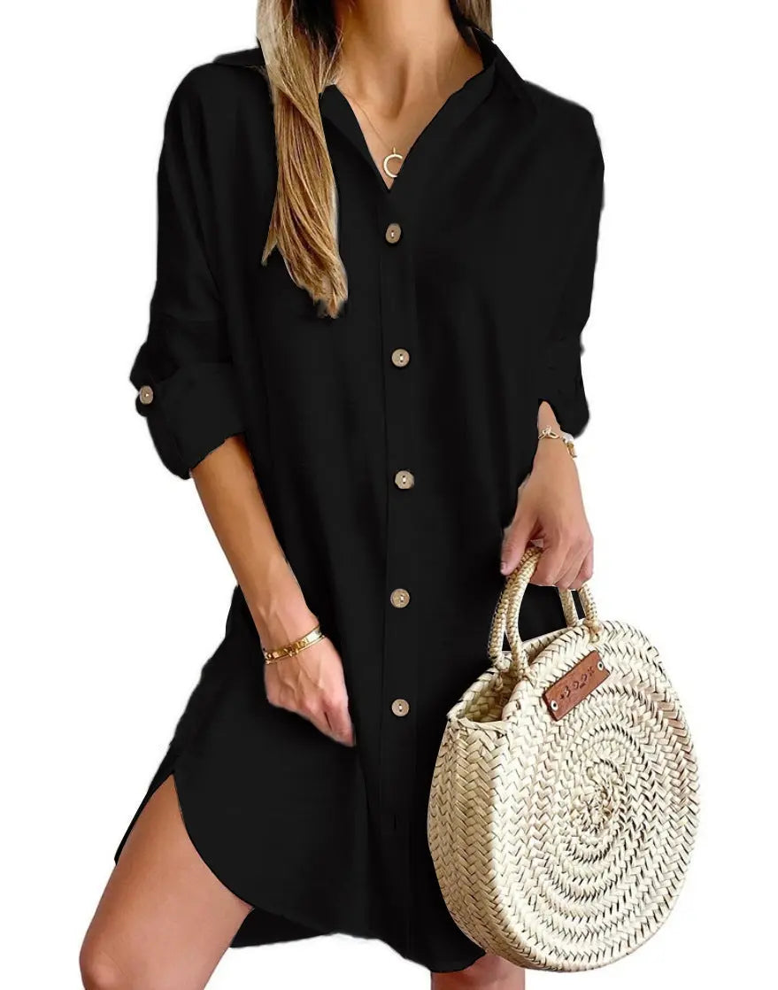 Autumn Leisure Long Sleeve Lapel Button Shirt Dress Womens Clothing SHANVY