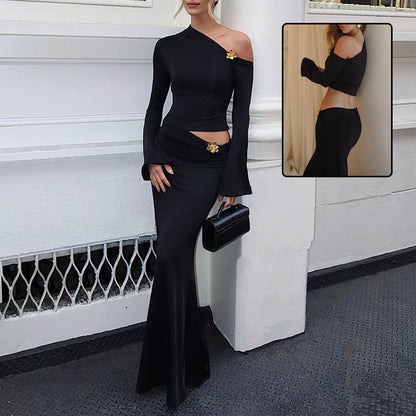 Sexy Slim Oblique Shoulder Skirt Suit With Flower Fashion Bell Sleeve Long Sleeve Top And High Waist Long Skirt Women Clothing SHANVY