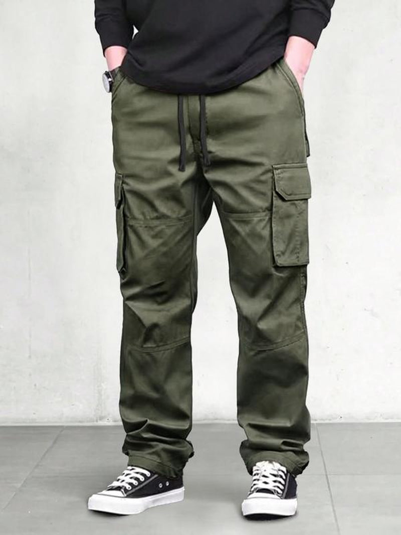 Men's Solid Flap Pocket Drawstring Waist Cargo Pants 