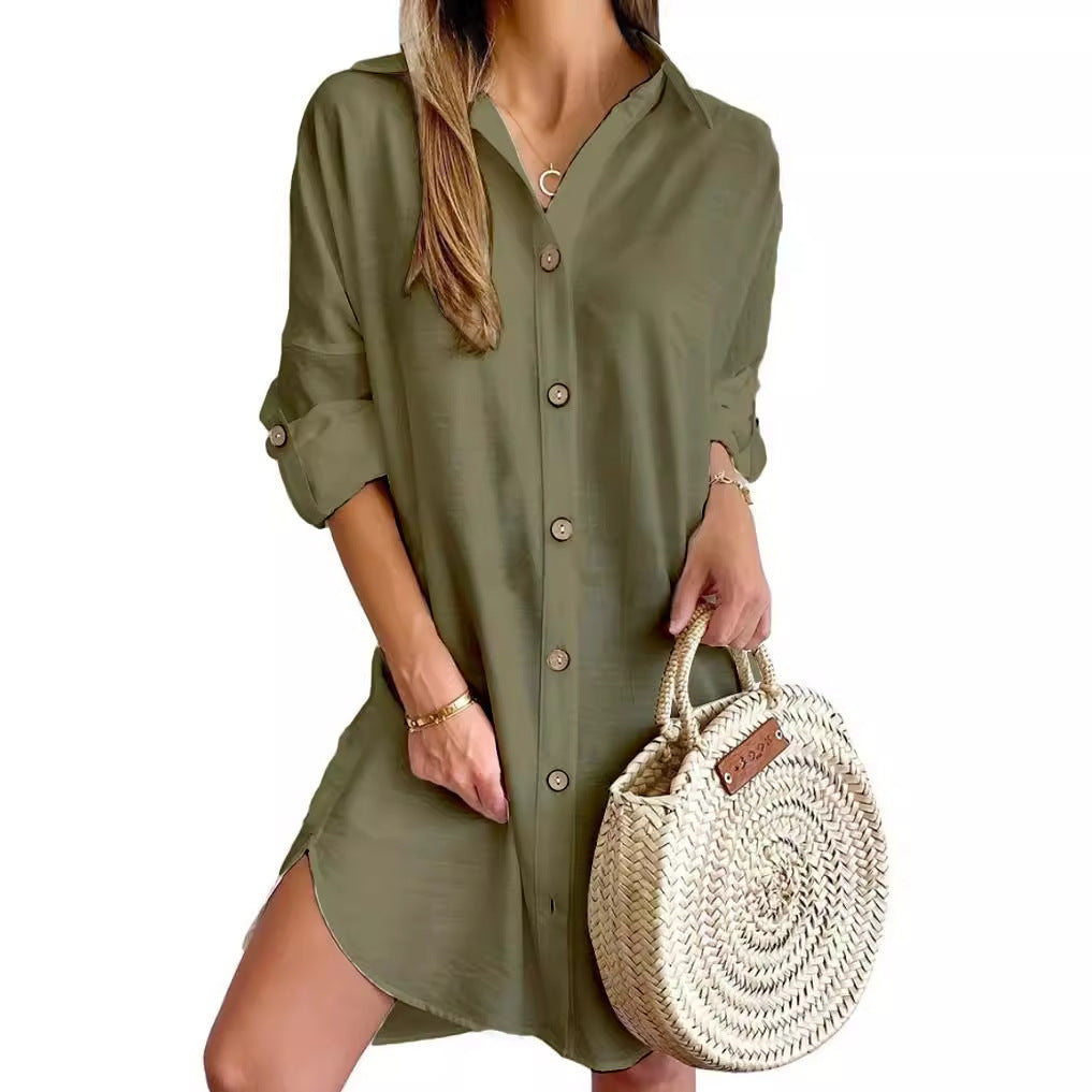 Autumn Leisure Long Sleeve Lapel Button Shirt Dress Womens Clothing