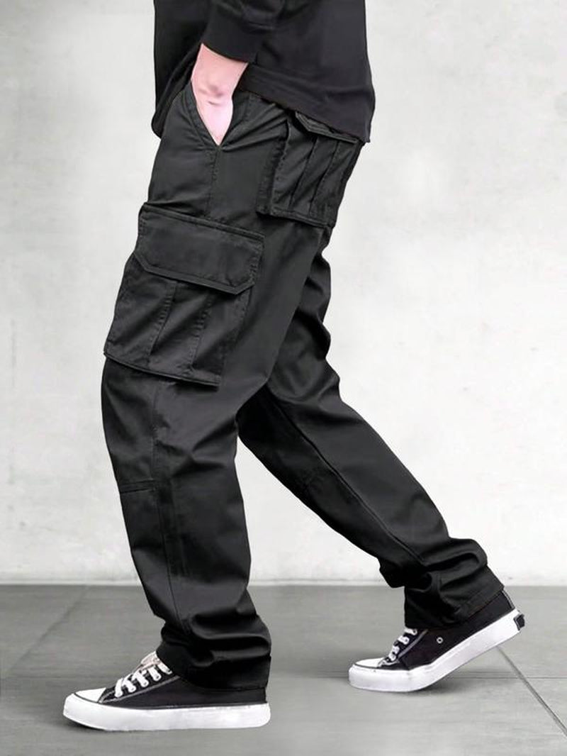 Men's Solid Flap Pocket Drawstring Waist Cargo Pants 