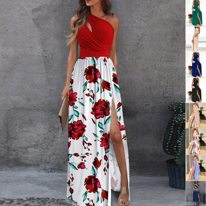 Rose Print Split Dress Summer Fashion One-shoulder Long Dress Womens Clothing SHANVY