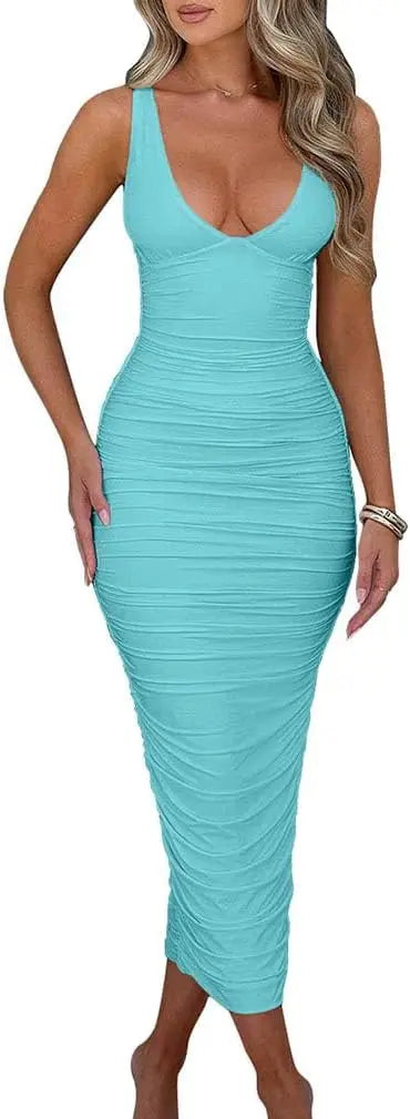 Women's Sexy Ruched Sleeveless Deep V Elegant Cocktail Evening SHANVY