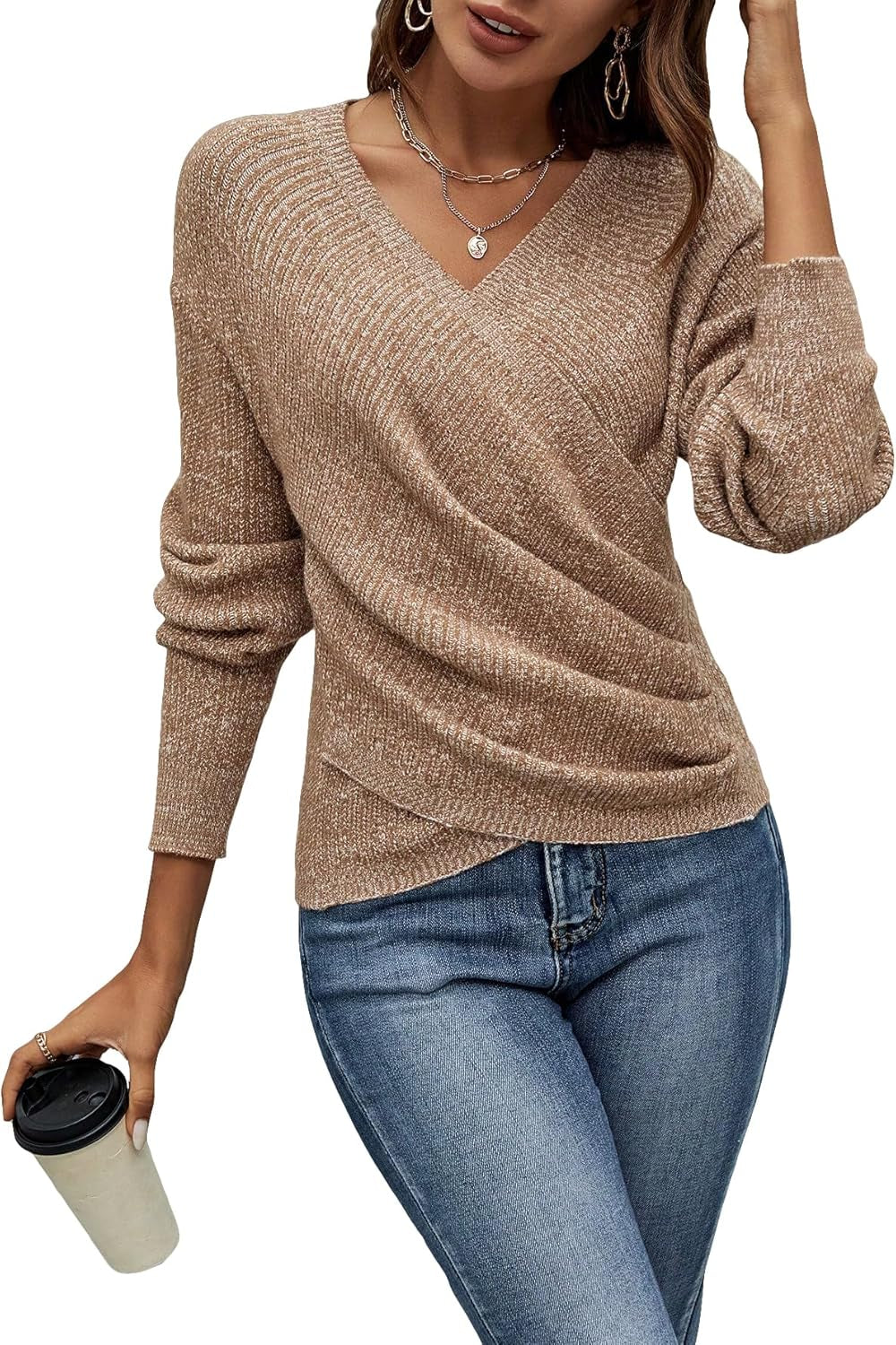 Women'S V Neck Long Sleeve off Shoulder Sweaters Criss Cross Wrap Ruched Pullover Fall Tops