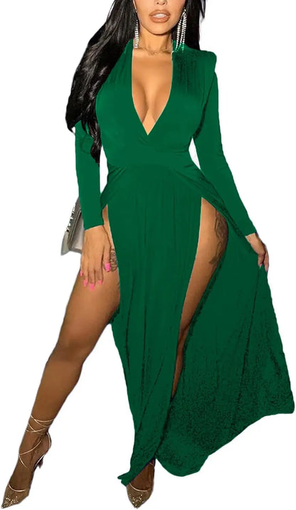 Women's Sexy Deep V Neck High Split Side Long Sleeve Long Cocktail Dress SHANVY