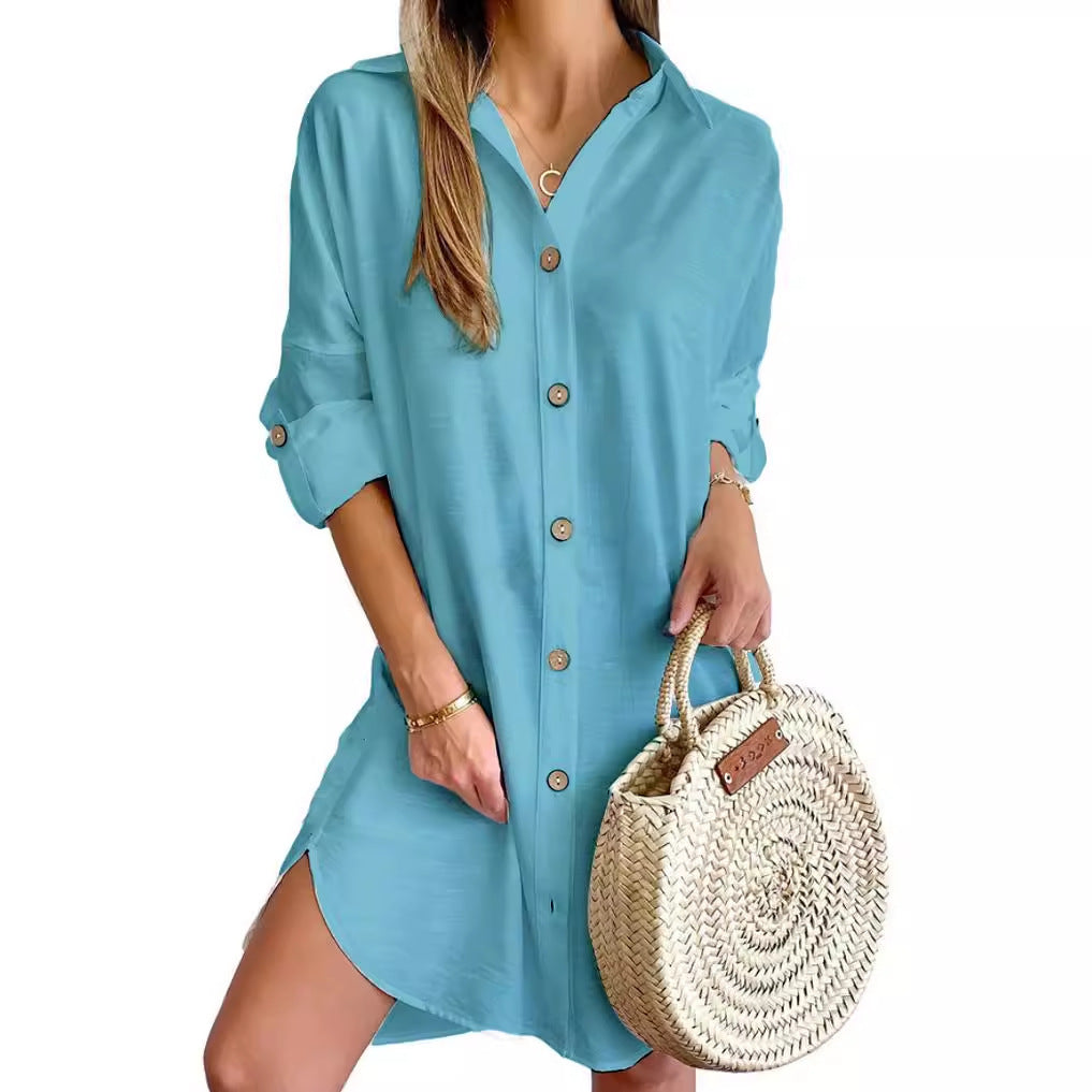 Autumn Leisure Long Sleeve Lapel Button Shirt Dress Womens Clothing