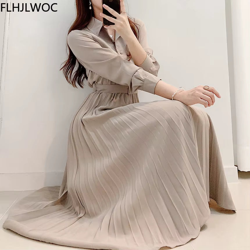 New Design Japan Style Women Chic Korea Basic Wear Casual Robe Solid Cotton Blend Vintage Long Maxi Shirt Dress Belt Vestidos