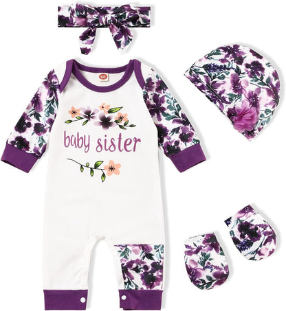 Baby Girl Clothes Patter&Letter Baby Girl Romper with Bow Hat&Headband and Gloves 4Pcs SHANVY