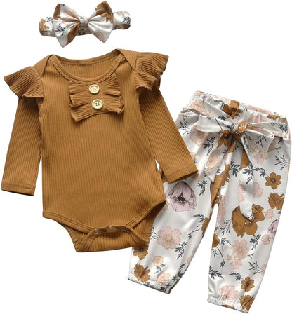 Baby Girl Clothes Ruffle Long Sleeve Romper and Floral Pants with Headband 3P -INFANTCS Set SHANVY
