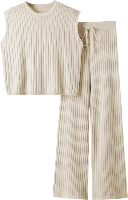 Faleave Women's 2 Piece Outfits Sweater Sets Knit Pullover Tops Sleeveless Vest Wide Leg Pants Lounge Sets Tracksuit SHANVY