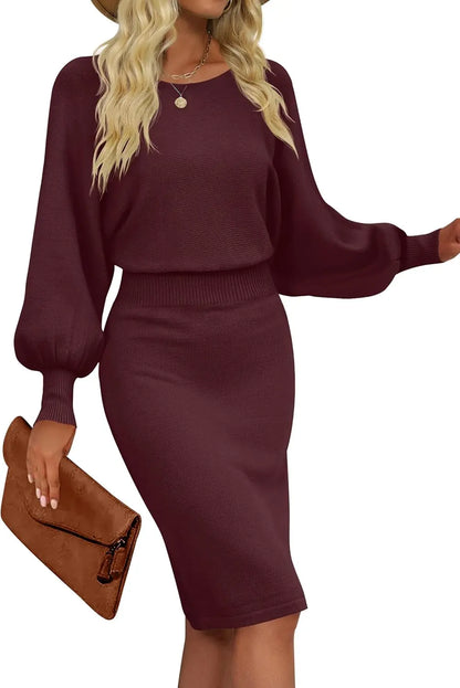 Women's Casual  Long Puff Sleeve Solid Bodycon SHANVY