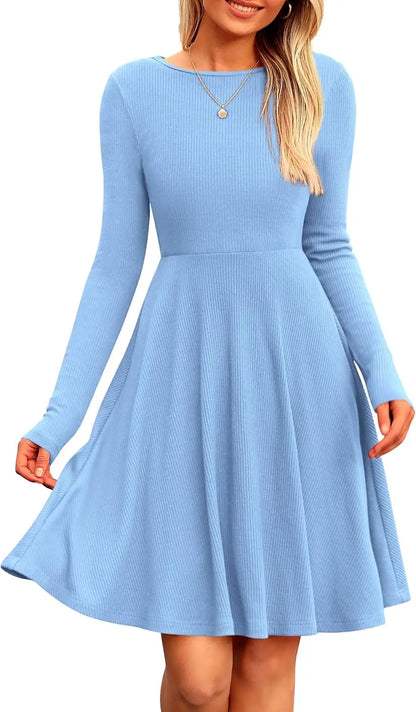 Women's Fall Short Dress Ribbed Knit Crewneck Long Sleeve A Line Flowy Casual Elegant Cute Going Out Dresses SHANVY