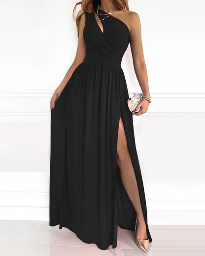 Rose Print Split Dress Summer Fashion One-shoulder Long Dress Womens Clothing SHANVY