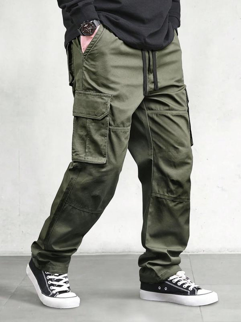 Men's Solid Flap Pocket Drawstring Waist Cargo Pants 