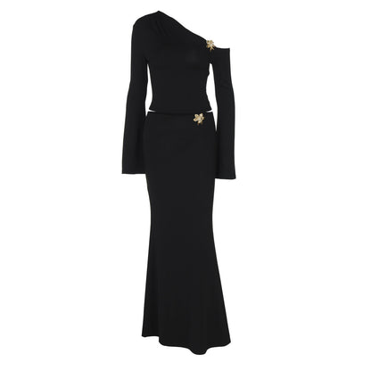 Sexy Slim Oblique Shoulder Skirt Suit With Flower Fashion Bell Sleeve Long Sleeve Top And High Waist Long Skirt Women Clothing SHANVY
