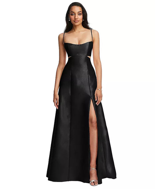 Womens Open Neckline Cutout Satin Twill A-Line Gown with Pockets