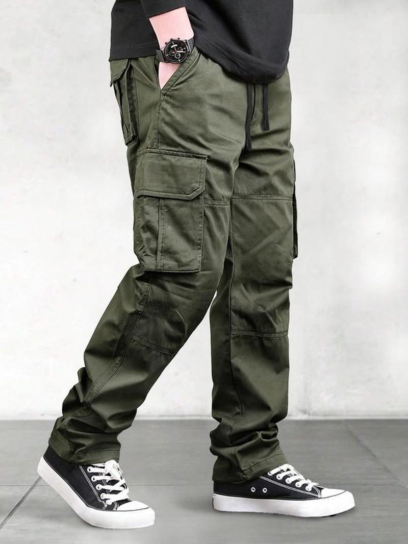 Men's Solid Flap Pocket Drawstring Waist Cargo Pants 