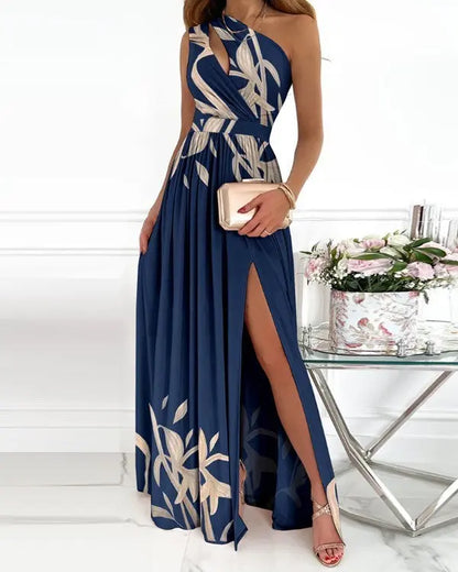 Rose Print Split Dress Summer Fashion One-shoulder Long Dress Womens Clothing SHANVY