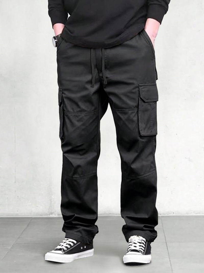 Men's Solid Flap Pocket Drawstring Waist Cargo Pants 